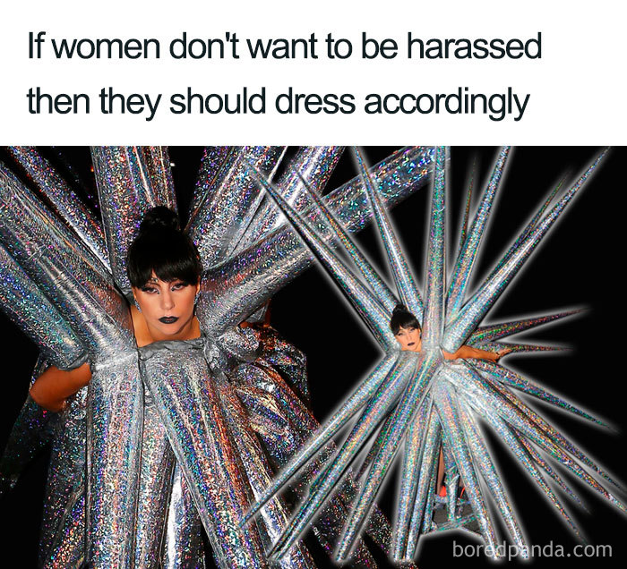 Feminist meme featuring a woman in a spiky, reflective outfit with satirical text about harassment and clothing choices.