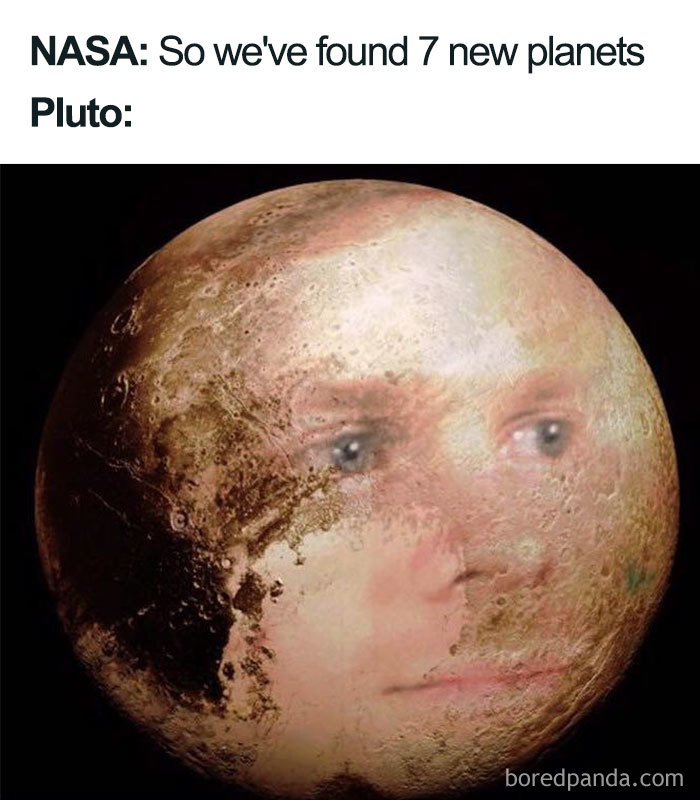 Pluto meme with a human face added, reacting humorously to NASA finding seven new planets.