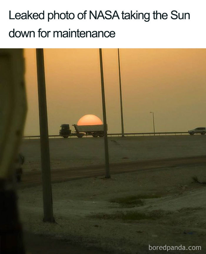Truck carrying a giant sun, caption humorously suggests NASA is taking it down for maintenance, exemplifying hilarious space memes.