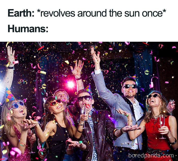 People celebrating with confetti in a space-themed meme about Earth orbiting the sun.