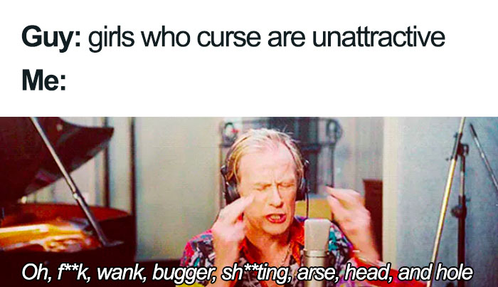 Man passionately singing in a recording studio, satirizing the idea that girls who curse are unattractive.