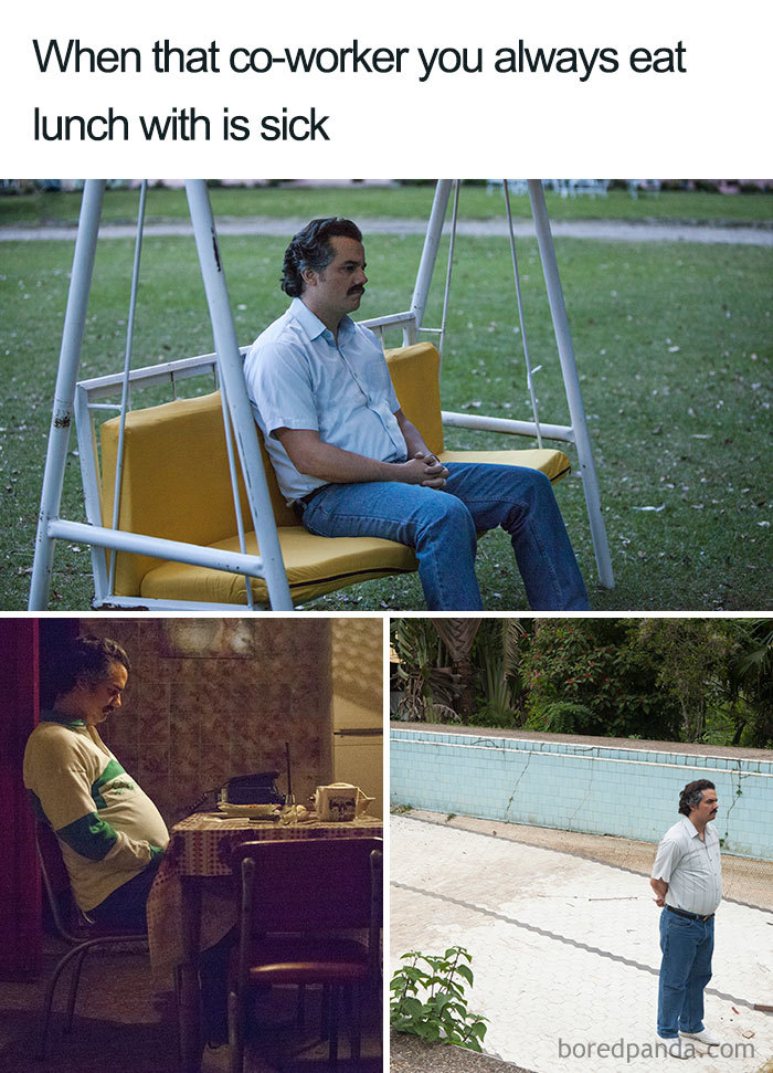 Man sitting alone in various locations, capturing the humorous feeling of missing a coworker during lunch.