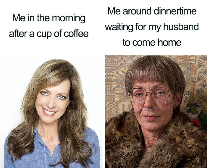 Funny mom meme showing two contrasting images and moods before and after a day, emphasizing humor in everyday life.