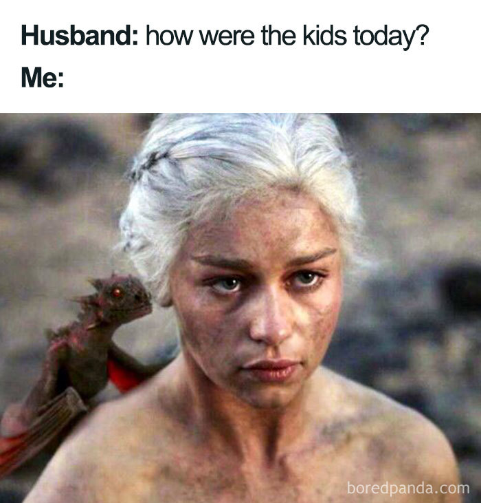 Funny mom meme featuring a character with a dragon on her shoulder, looking exhausted after a day with kids.