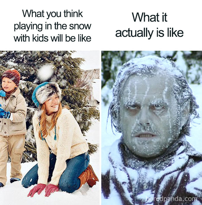 Mom meme comparing snow play expectations versus reality, featuring a happy mom and child next to a frozen man.
