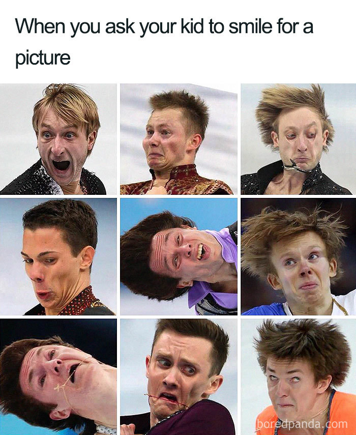 Funny mom meme featuring nine humorous skater expressions, labeled "When you ask your kid to smile for a picture."
