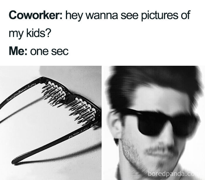 Coworker meme featuring blurring sunglasses with humorous caption about viewing pictures.