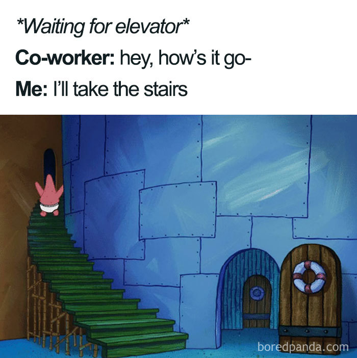 Cartoon character avoiding coworker interaction by taking stairs, reflecting a funny coworker meme scenario.