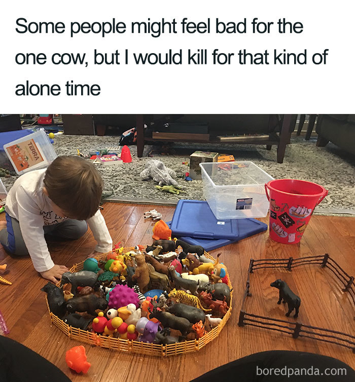 Child playing with toys indoors, featuring a humorous mom meme about alone time and parenting challenges.