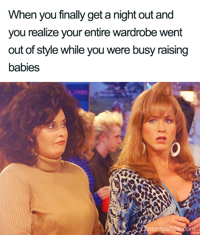 Two women looking surprised at a party, humorously dressed in outdated fashion; a mom meme capturing parenthood struggles.