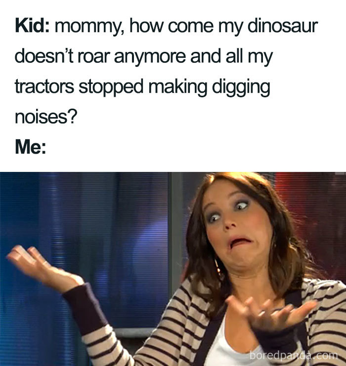 Mom meme with a confused woman shrugging, responding to a kid's question about toy dinosaurs and tractors.
