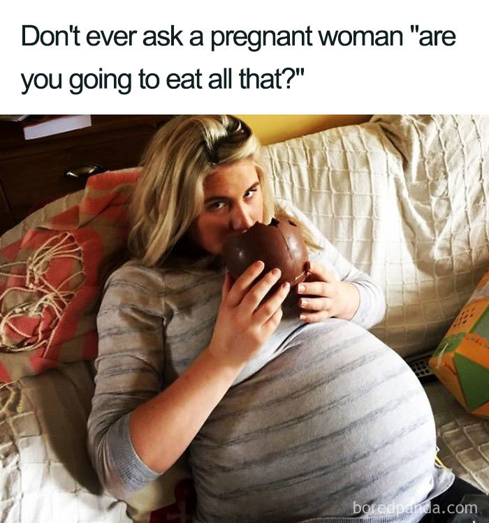 Pregnant woman enjoying chocolate, illustrating a funny pregnancy meme.