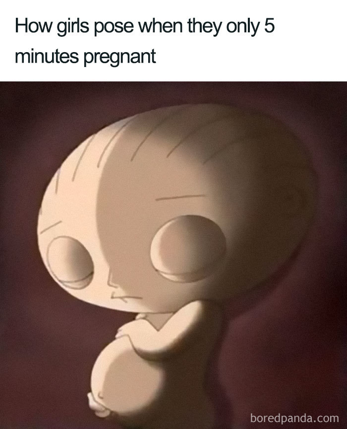 Pregnancy meme featuring an animated character posing humorously with a rounded belly, captioned about being "5 minutes pregnant."