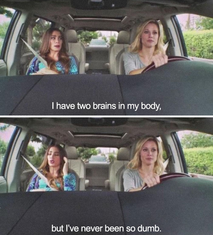 Two women in a car sharing a funny pregnancy meme about feeling dumb despite having two brains.