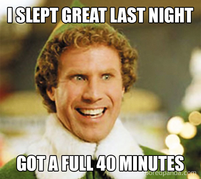 Man smiling with text about sleeping great for 40 minutes, showcasing a funny pregnancy meme.