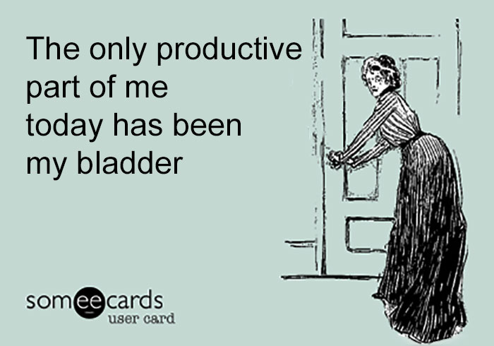 Funny pregnancy meme showing a woman's humorous comment about feeling productive due to frequent bathroom trips.
