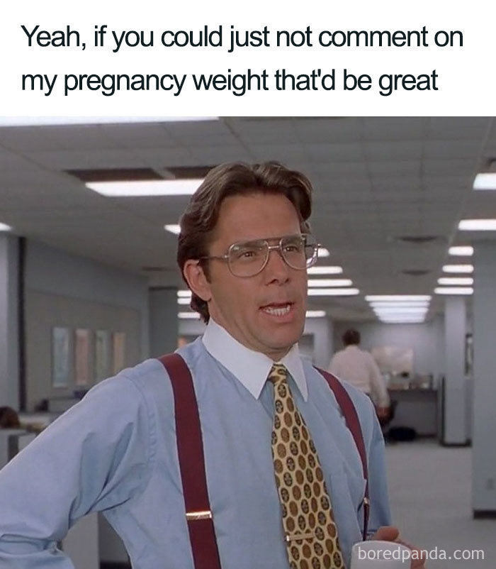 Man in office attire making a funny comment about pregnancy weight, referencing a popular meme.