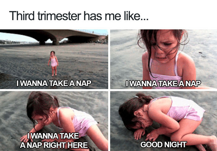 A funny pregnancy meme showing a tired girl wanting to nap on the beach during the third trimester.