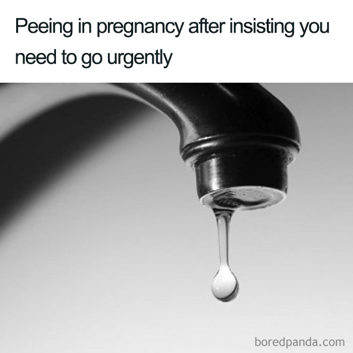 Dripping faucet illustrating a funny pregnancy meme about urgent trips to the bathroom.