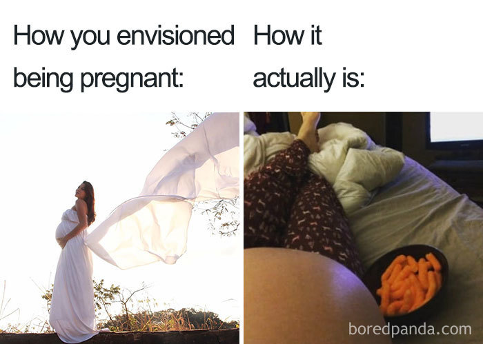 Funny pregnancy meme comparing expectations vs reality with a glamorous photo next to a couch lounging scene and snacks.