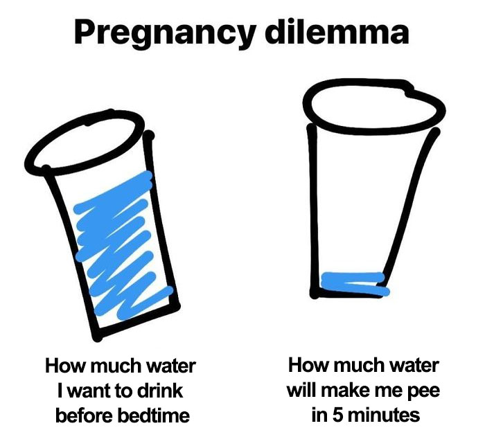 Two drawn glasses illustrating a funny pregnancy dilemma about drinking water and needing to pee quickly.