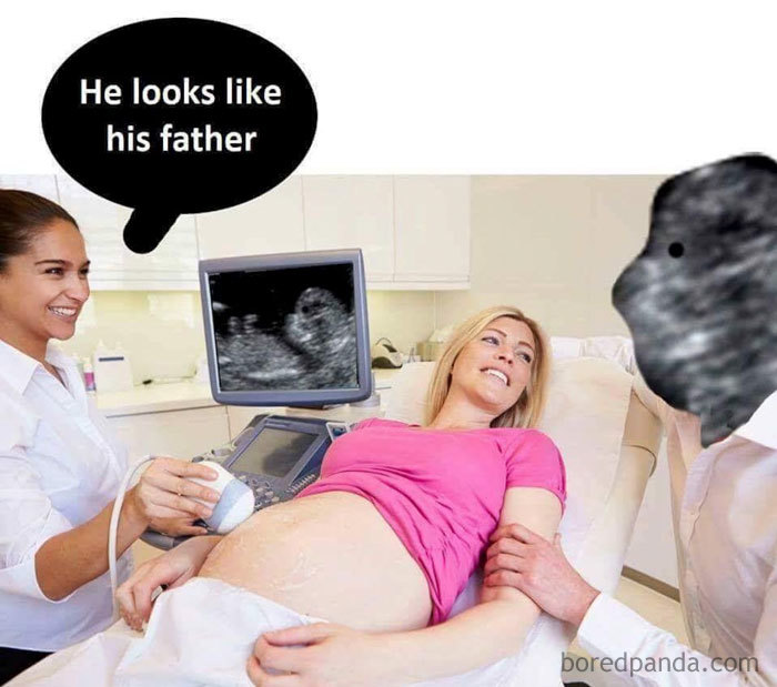 Ultrasound technician humorously compares baby to its father, illustrating a funny pregnancy meme.