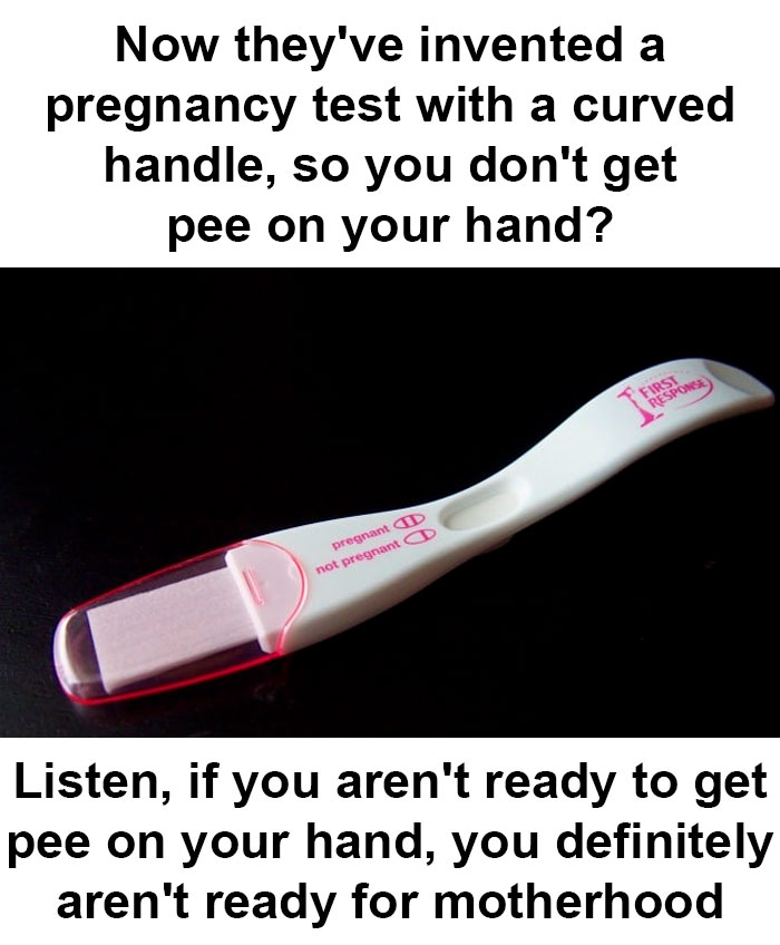 Curved handle pregnancy test meme with humorous text about readiness for motherhood.