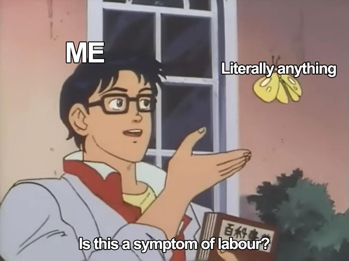 Anime-inspired pregnancy meme questioning if anything is a symptom of labor.