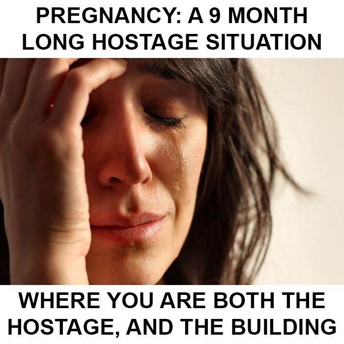 Crying woman with hand on forehead, illustrating funny pregnancy meme.