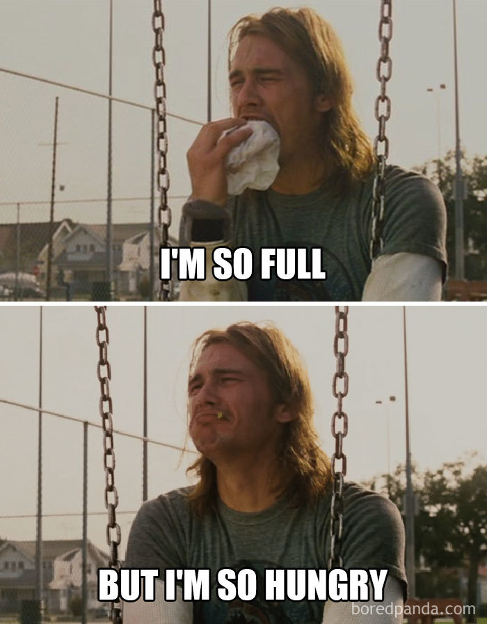 Man on a swing experiencing a pregnancy craving with captions "I'm so full" and "But I'm so hungry."