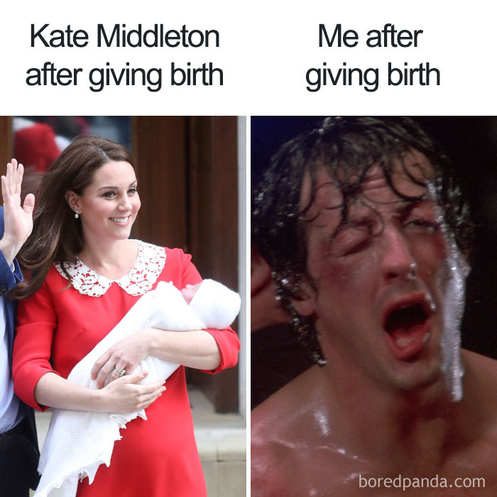 Two side-by-side memes contrasting post-birth appearances; one polished and one exhausted, highlighting funny pregnancy moments.
