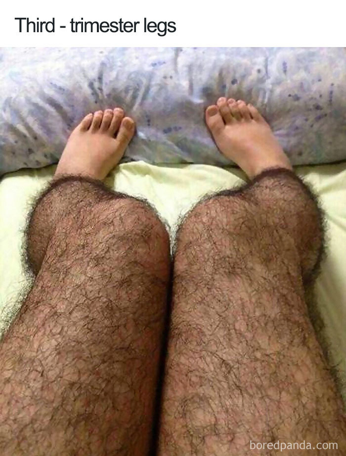Funny pregnancy meme showing hairy legs labeled "Third-trimester legs" lying on a bed.