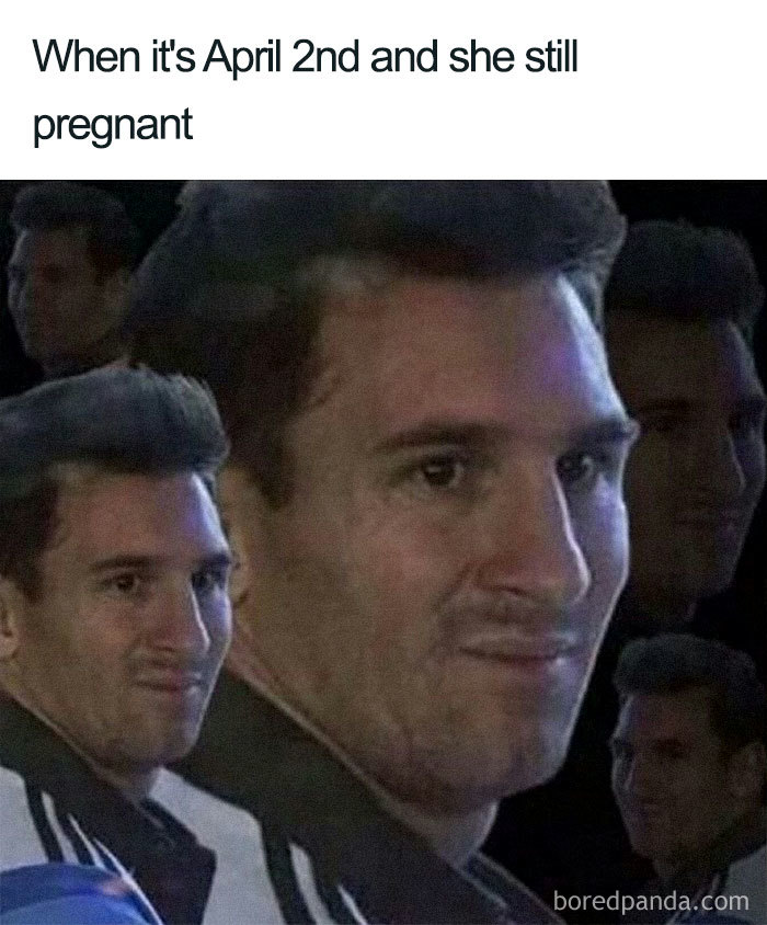 A humorous pregnancy meme featuring a man with a smirk, captioned about April 2nd.