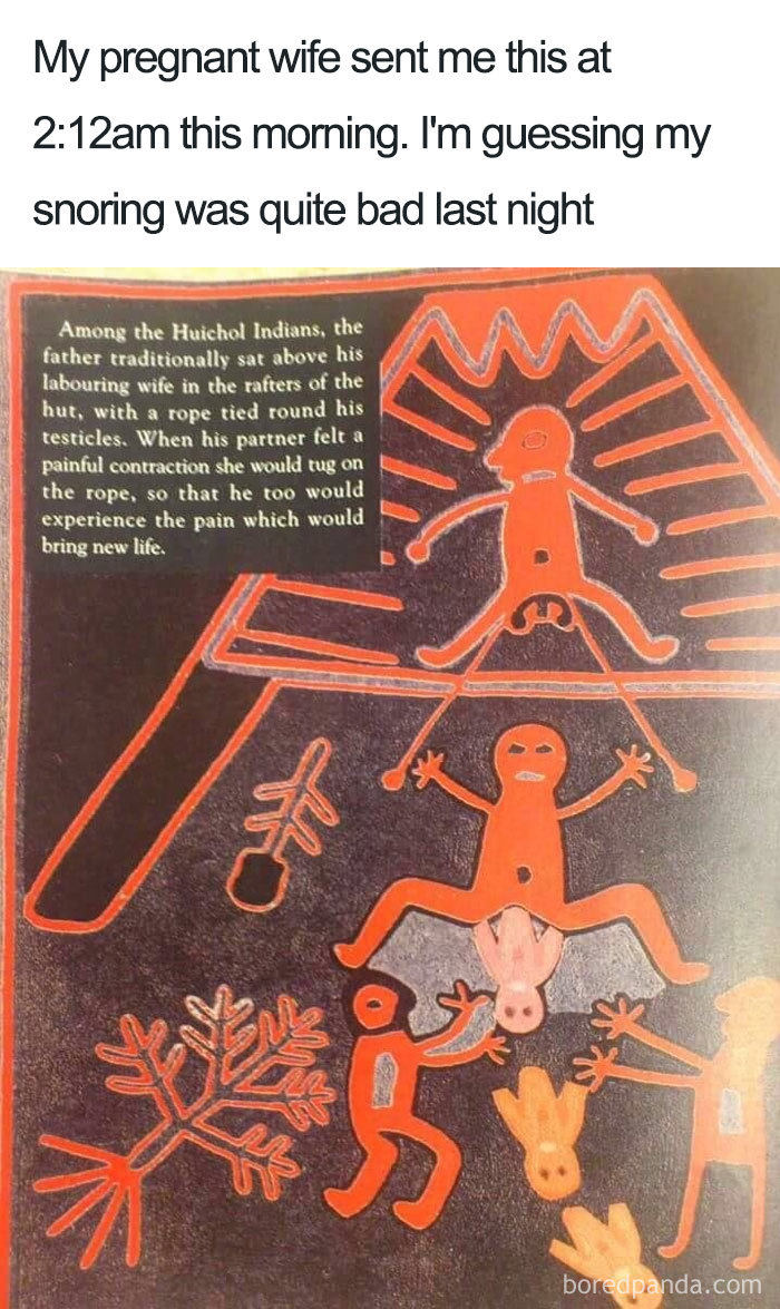 Funny pregnancy meme about a husband experiencing labor pain through a humorous cultural depiction.