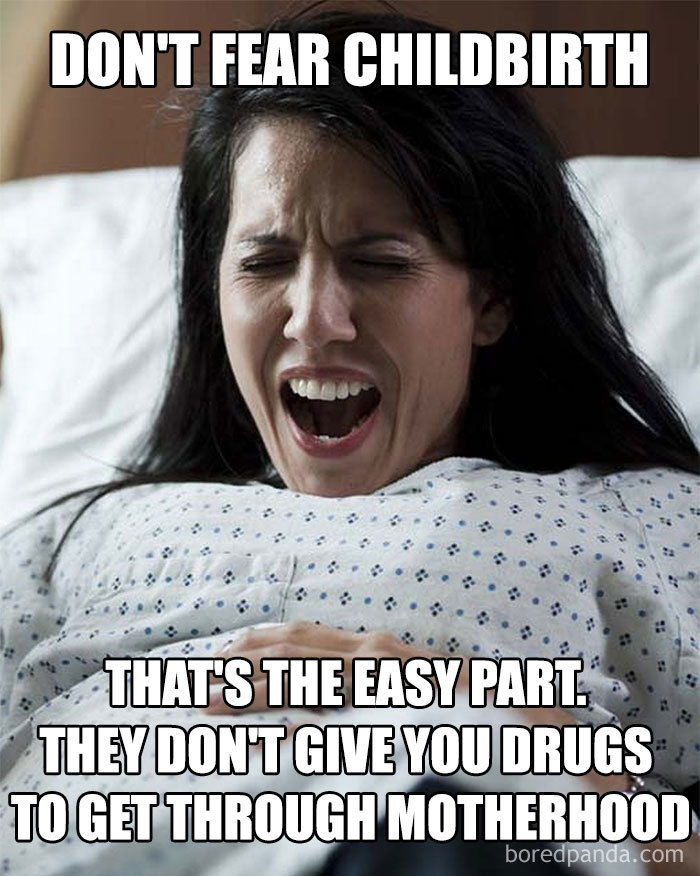 Woman in labor making a humorous face, text jokes about motherhood being harder than childbirth; funny pregnancy meme.