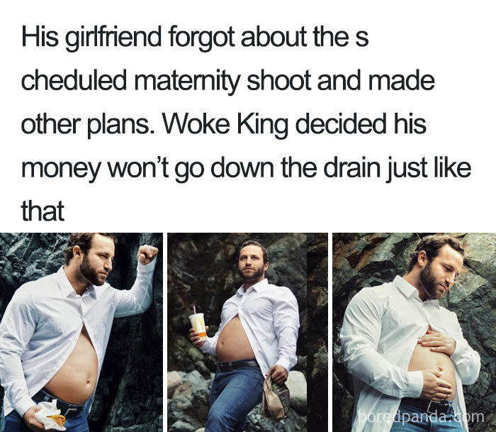 Man humorously poses for a maternity shoot, holding a drink, embodying funny pregnancy memes.
