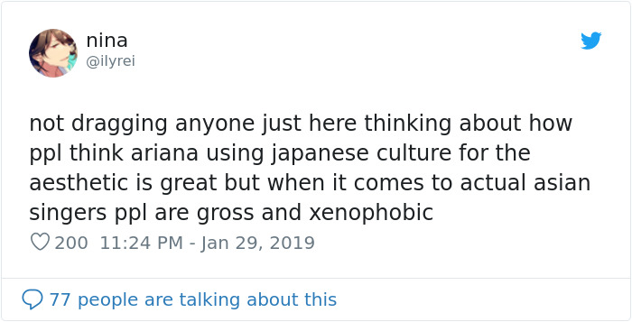 Tweet discussing Ariana Grande's Japanese culture use and its impact on public perception.