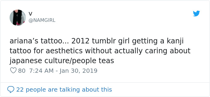 Tweet about Ariana Grande's Japanese BBQ tattoo misinterpretation, critiquing cultural insensitivity.
