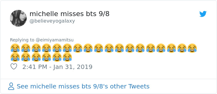 Image of a tweet with numerous crying-laughing emojis, reacting to Ariana Grande's Japanese tattoo mishap.