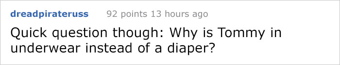 Reddit comment questioning Tommy's clothing choice from a user named dreadpirateruss.