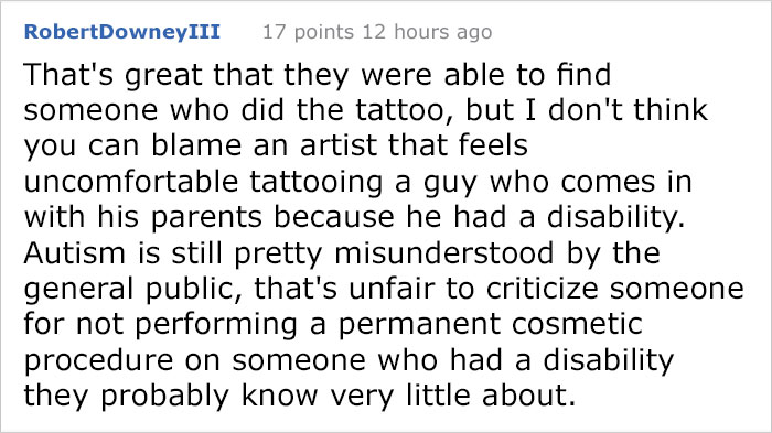Comment discussing challenges an autistic man faced in getting a tattoo, emphasizing public misunderstandings of autism.