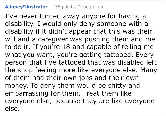 Text from a tattoo artist about not denying tattoos to people with disabilities, supporting inclusivity.