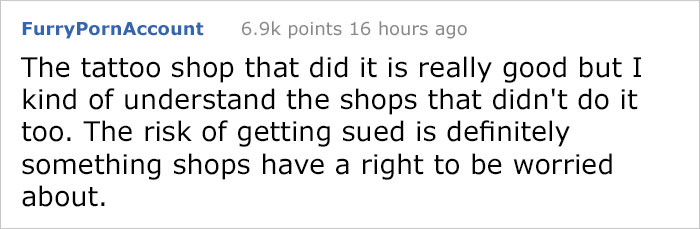 Text comment about autism and tattoo shops' concerns over potential legal issues.