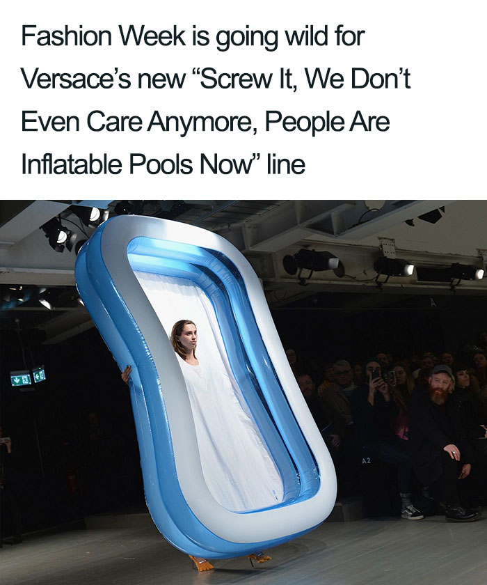 Fashion disaster meme showing a model wearing an inflatable pool outfit on the runway.