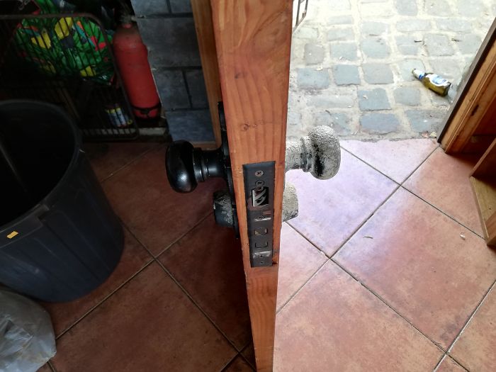 We Live Next To The Ocean, Here's The Comparison Between The Outside And Inside Doorknob