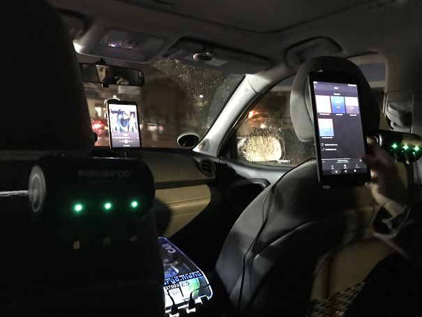 Our Lyft Driver Was All In On Passenger Comforts. He Had 3 Types Of Chargers On Each Side, Food, And We Could Pick Any Music We Wanted