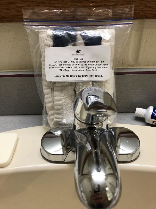This Bag Of Old/Stained Face Towels Have Been Re-Used As “Rags” At This Hotel