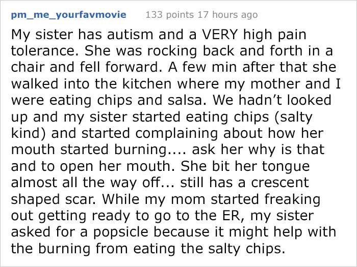 Text story about an autistic person with high pain tolerance experiencing an injury from eating salty chips. Text story about an autistic person with high pain tolerance experiencing an injury from eating salty chips.