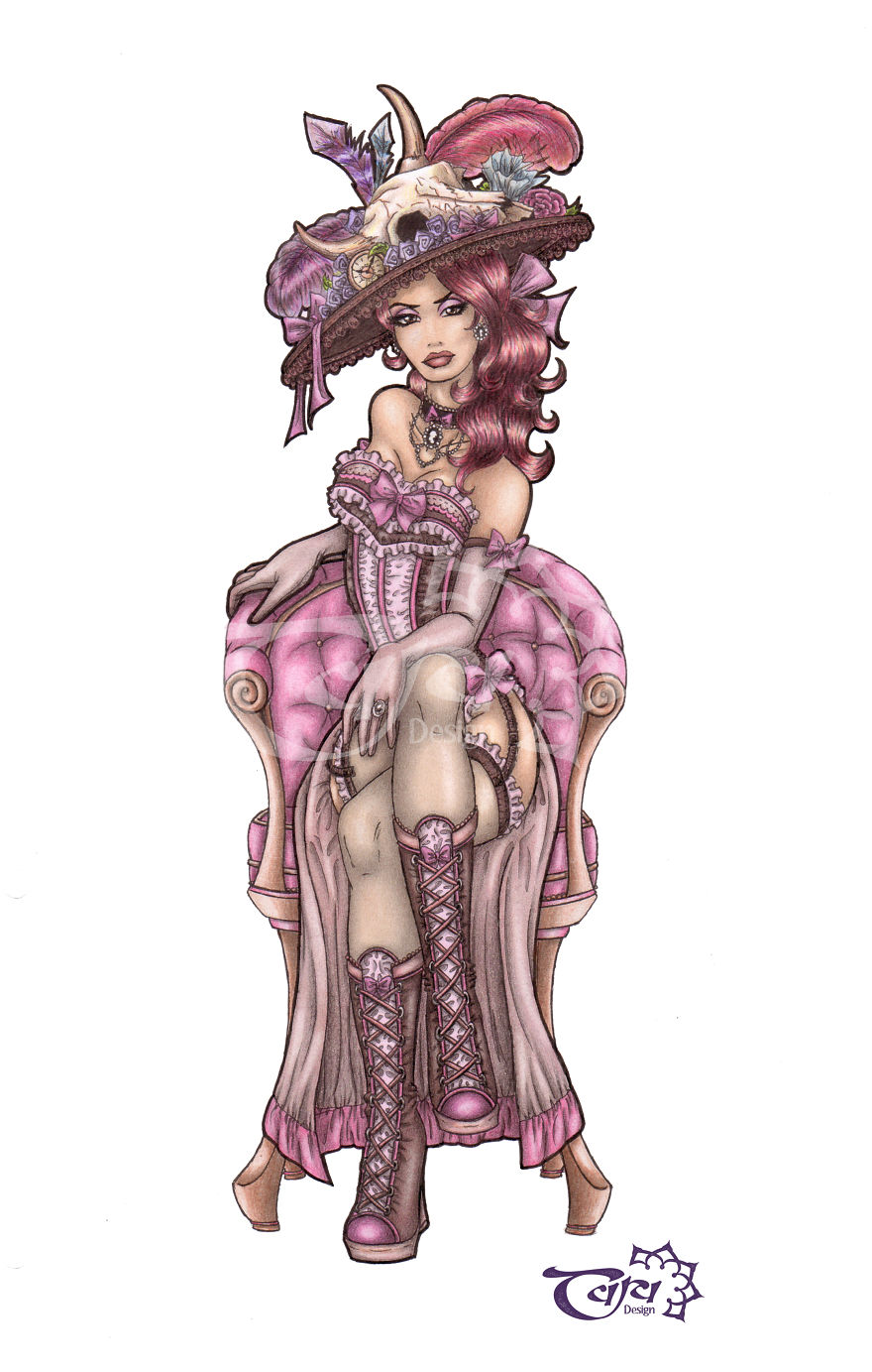 Cheeky Pin-Up Girls Drawn With Ink And Coloured Pencils