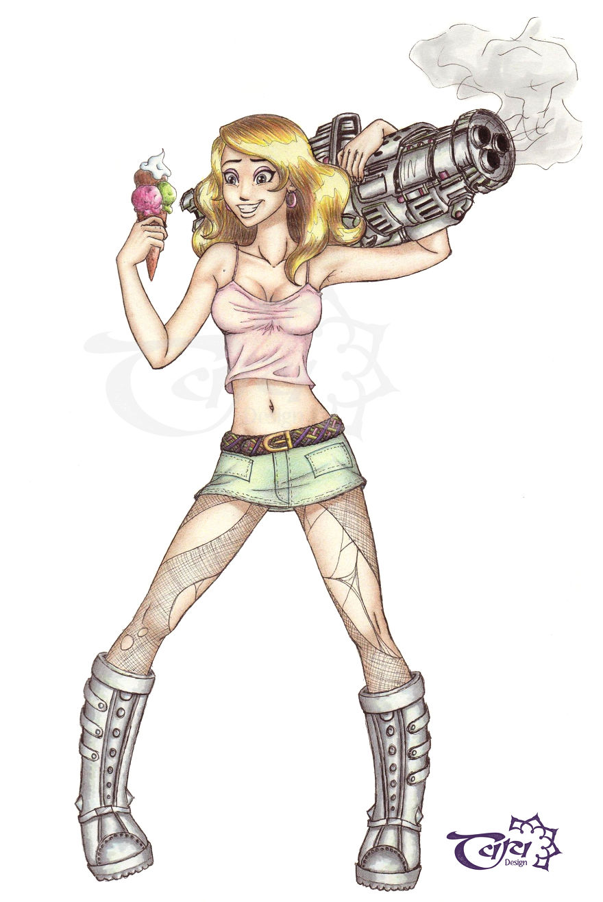 Cheeky Pin-Up Girls Drawn With Ink And Coloured Pencils